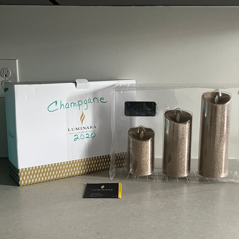 Luminara Set of 3 Champagne Glitter Pillars w/Remote NEW